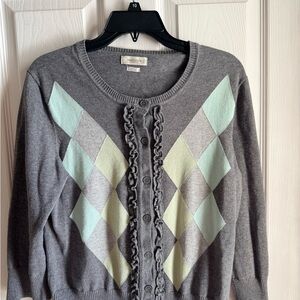 Women's Van Heusen Button Up Sweater Cardigan Gray and Mint Argyle Size LG